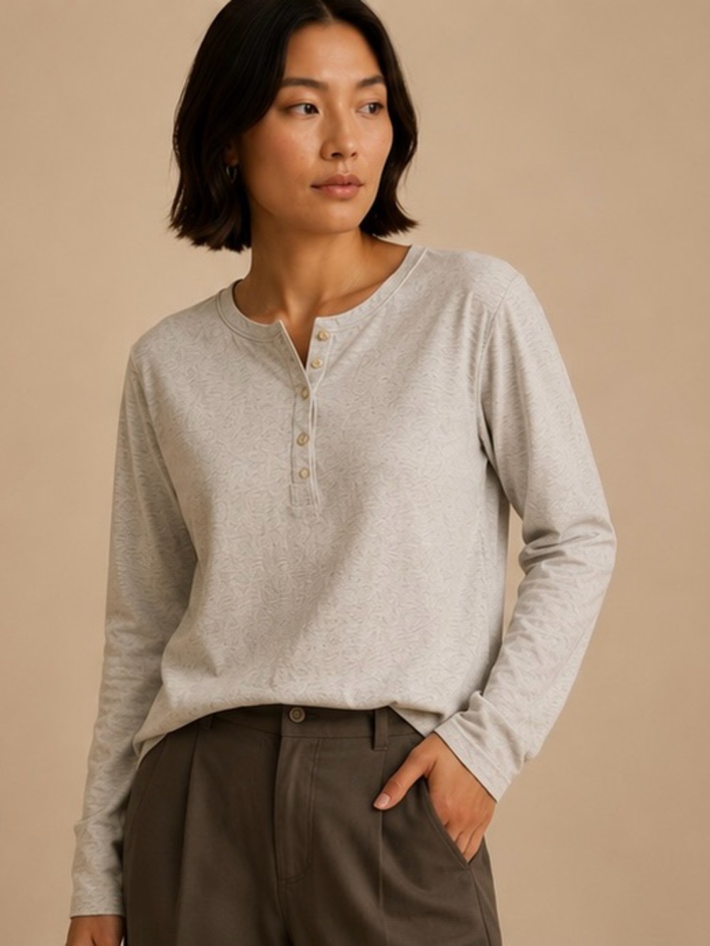 Arizona Jean Co Heather Gray Long Sleeve Henley Top Size Large